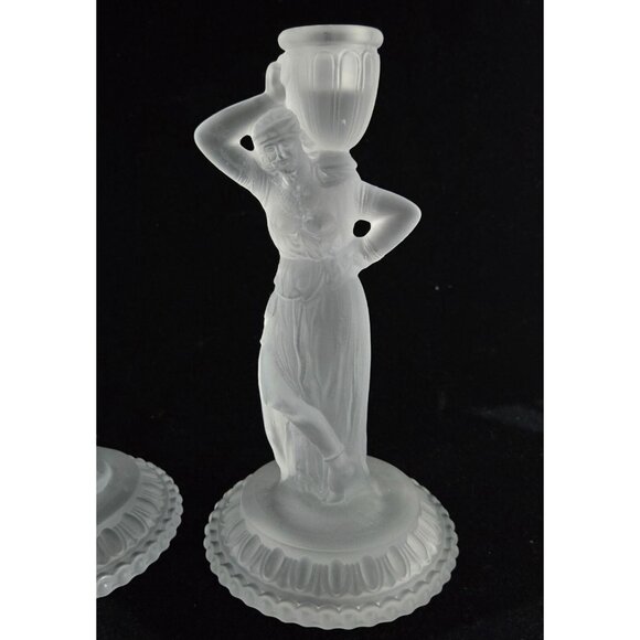 Vintage Fostoria Frosted Glass Figural Candlesticks Rebecca at the Well - Picture 2 of 10